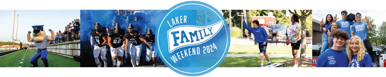 Louie the Laker posing with strong arms, the GV football team running with blue smoke behind them, two people playing cornhole, 5 people posing wearing Laker shirts at a tailgate, Laker Family Weekend 2024